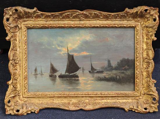 19th C English School Barges off the coast at sunset 7 x 11.5in.